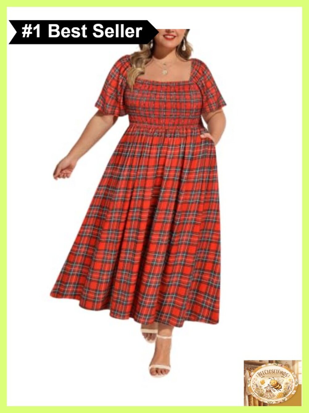 Plus Size Smocked Maxi Dress Square Neck Short Sleeve Floral A-Line